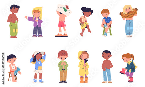 Kids dressing. Children change wear clothes, boy girl putting shoe shirt jeans pants or dress kid undress garments changing clothing, child independence classy vector illustration