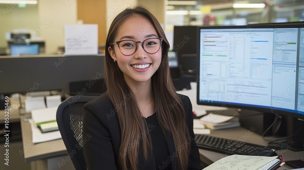 Asian female office worker smiling broadly at her computer screen, a notebook open beside her with notes and a pen, capturing enthusiasm Asian female office worker smiling broadly at her computer screen, a notebook open beside her with notes and a pen, capturing enthusiasm
