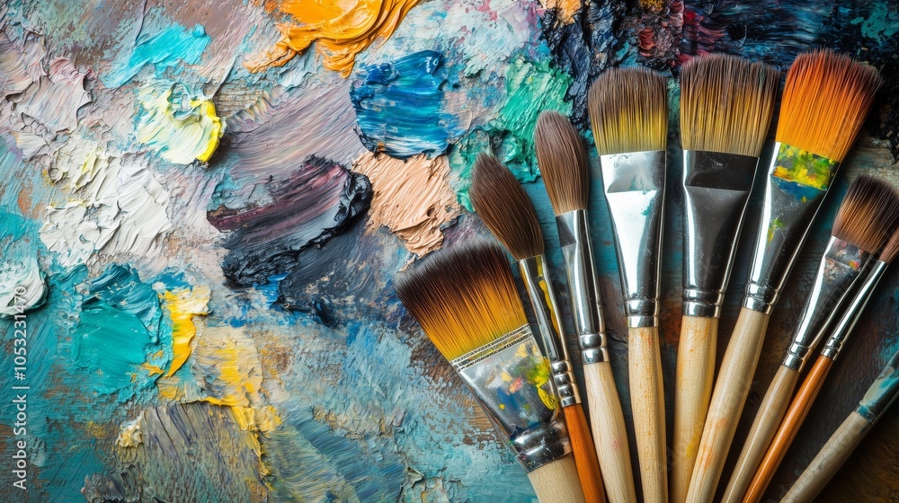 Obraz premium Artist paintbrushes palette canvas wooden table vibrant colors textures сopy space. AI generated