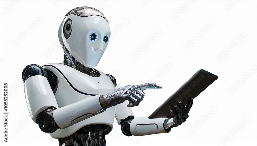 Fototapeta premium Ai robot using tablet isolate on transparency background PNG