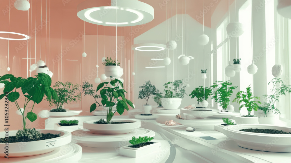 Innovative hydroponic system featuring LED lights, showcasing various plants in modern, bright environment. This setup promotes efficient growth and sustainability Innovative hydroponic system featuring LED lights, showcasing various plants in modern, bright environment. This setup promotes efficient growth and sustainability