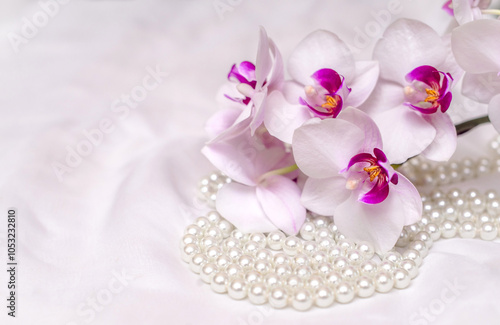 The branch of purple orchids on white fabric background 