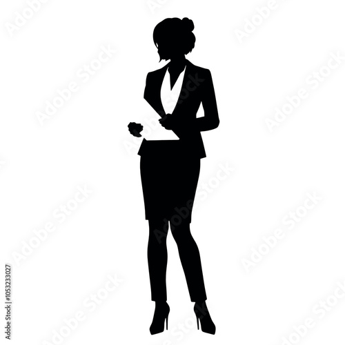 a business woman standing with holding a notebook vector silhouette