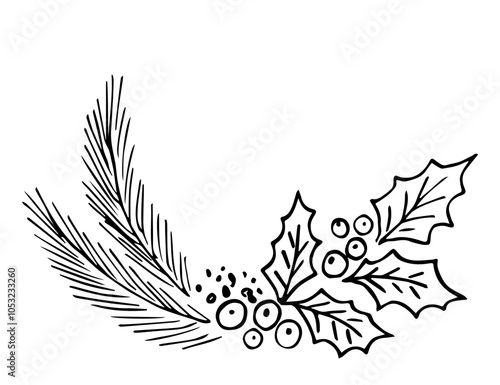 Round frame, leaves and berries of holly, coniferous branches. Christmas, New Year's decor. Simple hand drawn vector drawing with black outline, ink sketch.
