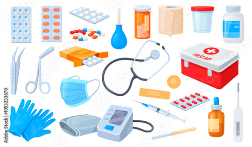Cartoon medical supplies. Medicine hospital things, first aid equipment pharmacy pills painkiller bottle syringe pipette plaster thermometer, health care neat vector illustration