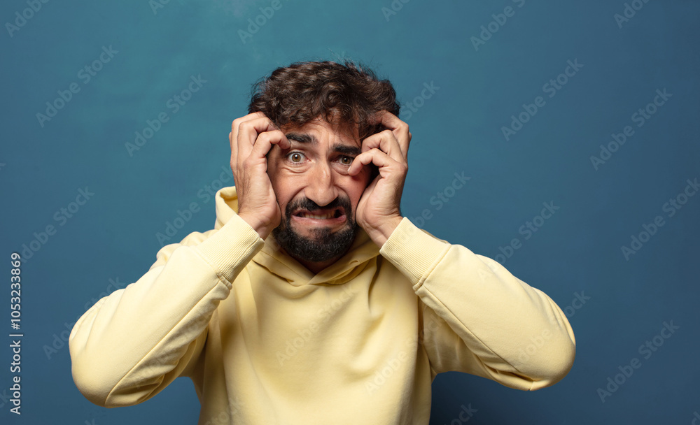 feeling stressed, worried, anxious or scared, with hands on head, panicking at mistake feeling stressed, worried, anxious or scared, with hands on head, panicking at mistake