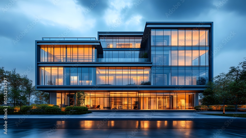 Obraz premium Modern glass architecture with ambient lighting