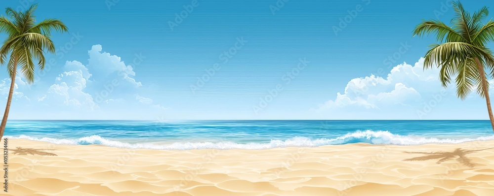 Tranquil beach scene with golden sand, gentle waves, palm trees, and a clear blue sky. Ideal for vacation or relaxation themes. Tranquil beach scene with golden sand, gentle waves, palm trees, and a clear blue sky. Ideal for vacation or relaxation themes.