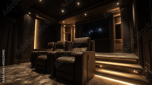 Cozy home theater with stadium seating featuring a large screen in a dimly lit entertainment room