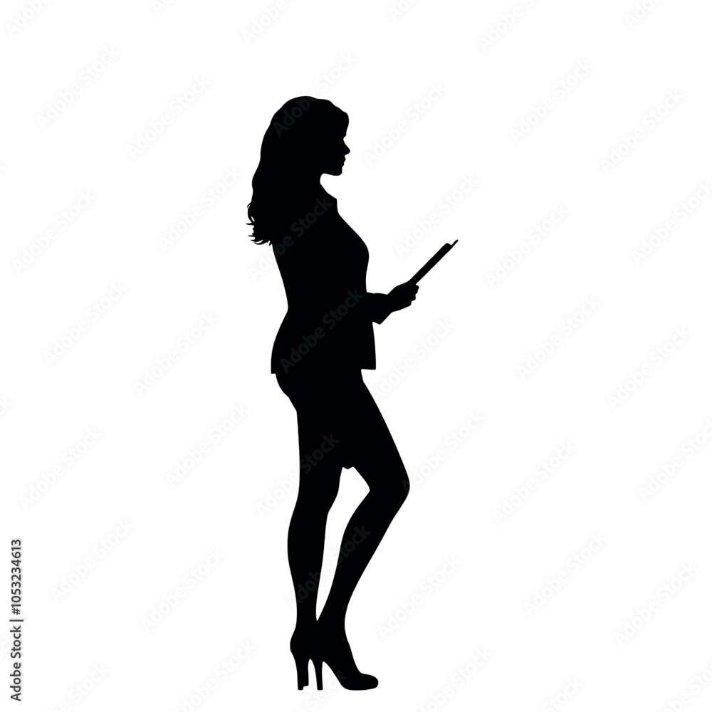 a business woman standing with holding a notebook vector silhouette a business woman standing with holding a notebook vector silhouette
