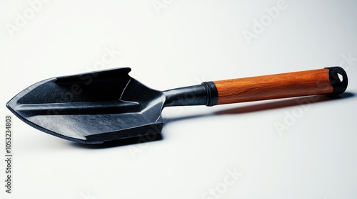 A metal garden trowel with a wooden handle, used for digging and planting.