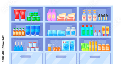 Cartoon medications shelves. Pharmacy shelfs rack, hospital stock interior medical store shelf with healthcare products medicine packages chemist drug shop neat vector illustration
