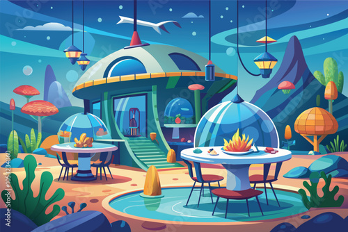 Underwater dining experience in a colorful aquatic-themed restaurant with futuristic decor and ambient lighting, featuring unique seating arrangements amidst marine elements