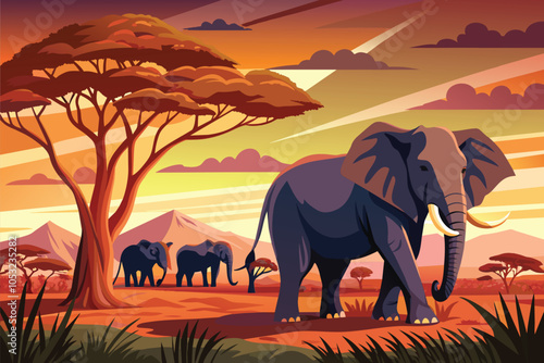 Majestic elephants roaming in the vibrant sunset of an African savannah with mountains in the backdrop