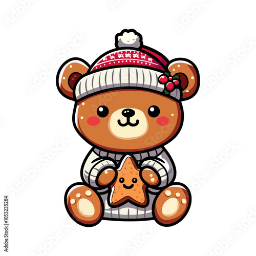 Tablou pe pânză Cute Bear, star cookie, mascot, kawaii, adorable, cozy, Christmas, winter, holiday, festive