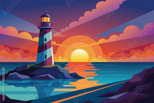A serene sunset over calm waters with a lighthouse illuminating the rocky coastline near a tranquil harbor, showcasing vibrant colors and a peaceful atmosphere