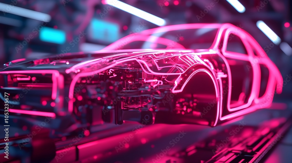 Naklejka premium Advanced AI powered robotic welder assembling and fabricating components for a hybrid electric vehicle in a sleek neon lit futuristic workshop setting