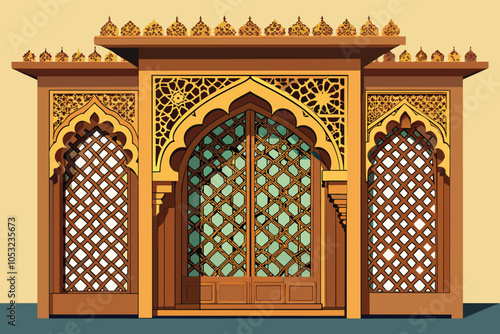 Elaborate architectural gateway with intricate lattice patterns in a stylized Middle Eastern design, situated against a contrasting backdrop of silhouettes at dusk