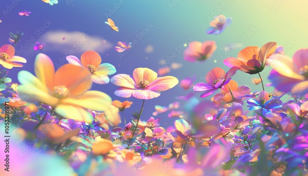 A vibrant field of flowers under a colorful sky, with butterflies fluttering around, creating a serene and magical atmosphere. A vibrant field of flowers under a colorful sky, with butterflies fluttering around, creating a serene and magical atmosphere.
