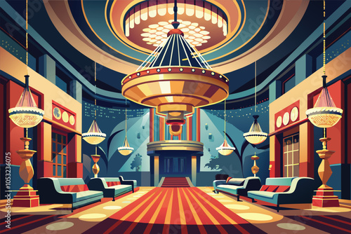 Colorful interior of a vintage theater foyer featuring large chandeliers and ornate decor with plush seating