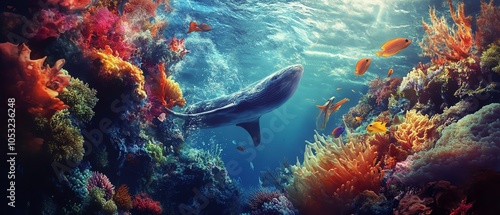 Shark swimming near vibrant coral reef photo