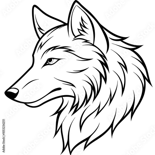 Design a fierce wolf head in profile with intricate fur texture and intense eyes in a monochrome style