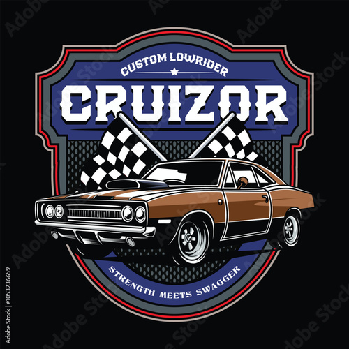 Vintage American Lowriders Car, Skull, Piston, Red Roses, and Race flag Poster in Vector Illustration for flyer, social media, web pages, print media, greeting card, invitation, banner