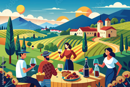 A joyful gathering in a vineyard with friends enjoying wine and food, set against a picturesque landscape of rolling hills at sunset