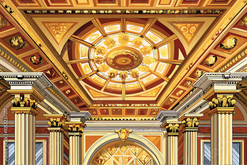 Intricate architectural ceiling design in a palatial hall featuring ornate details and a grand chandelier illuminated by warm light