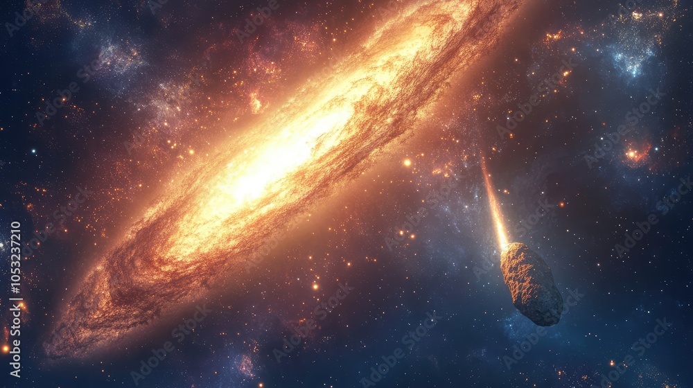 Fototapeta premium A unique depiction of a galaxy with a comet in the foreground, highlighting the interaction between the two celestial bodies in a rich color palette
