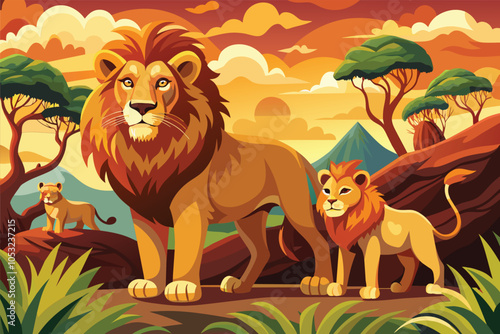 A majestic lion stands proud in a colorful savanna landscape, accompanied by its young cub, during a vibrant sunset in a serene wilderness setting