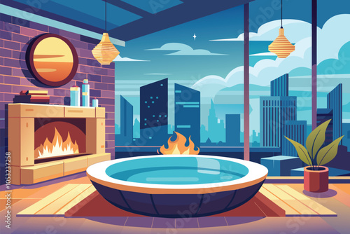 Modern urban living space with a cozy bathtub, fireplace, and city skyline view during twilight hours