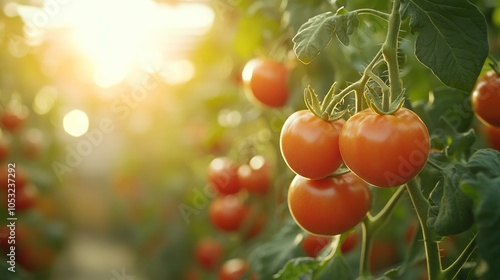 Organic tomatoes hanging from the vine in a modern greenhouse, their red skin glistening under optimized light.