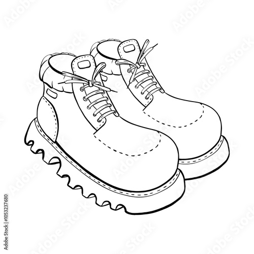 A Stylish Sketch Featuring a Unique LaceUp Boot Design with a Distinctive Wavy Sole. Vector sketch illustration. Tourism