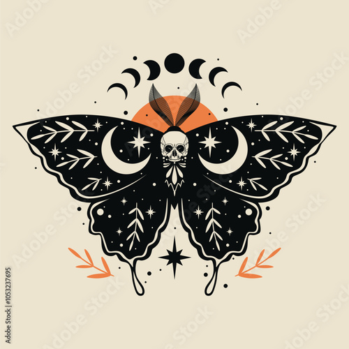 Moon moth illustration. For Halloween. Black moth and skulls. For cards, invitations, T-shirts and more.