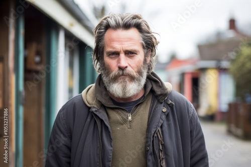 Portrait of a handsome senior man with long gray hair and beard in the city