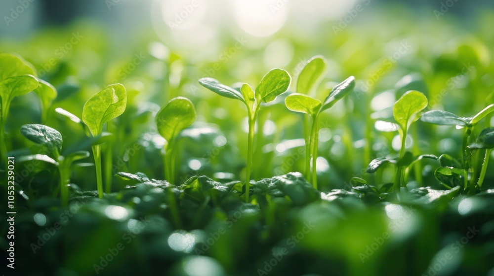 Healthy organic cress growing in a technologically advanced greenhouse, its small, green leaves thriving under optimal light and moisture. Healthy organic cress growing in a technologically advanced greenhouse, its small, green leaves thriving under optimal light and moisture.