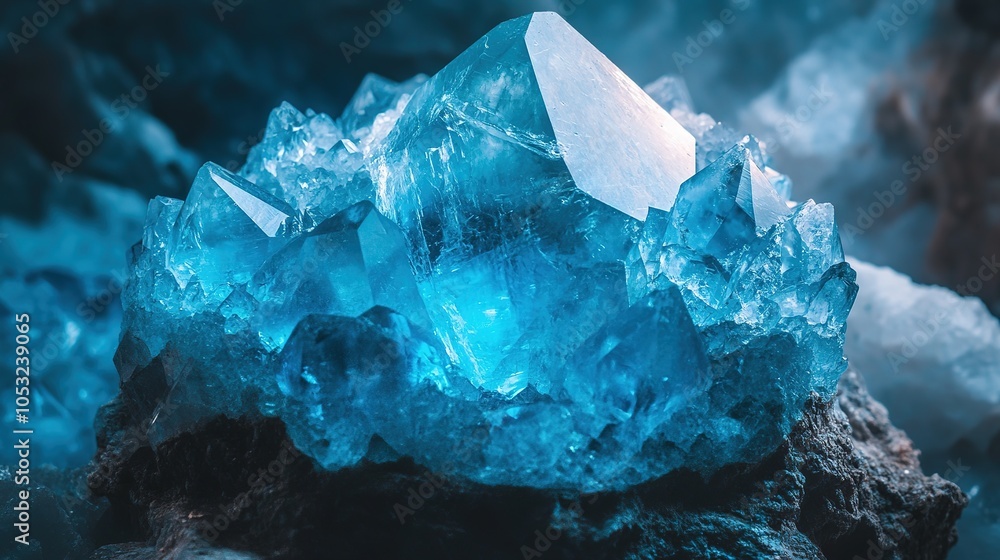Obraz premium Vibrant blue crystals glimmering under soft light in a natural setting surrounded by rocks and foliage during twilight