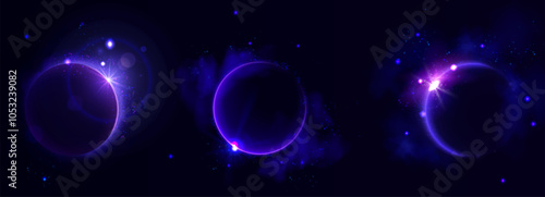 Solar eclipse shown through glowing purple rings on dark background. Celestial phenomenon depicts moon passing across sun creating luminous circular and crescent outlines. Realistic 3d vector set.