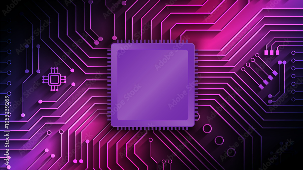 Futuristic Microchip Circuit Board with Purple and Pink Neon Technology Design Background Futuristic Microchip Circuit Board with Purple and Pink Neon Technology Design Background