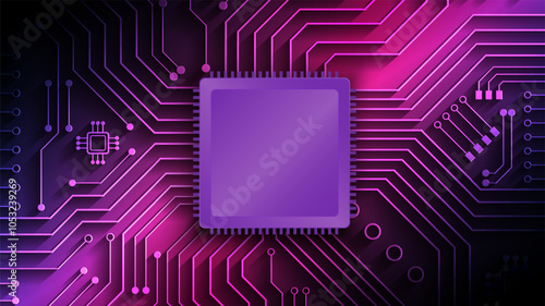 Futuristic Microchip Circuit Board with Purple and Pink Neon Technology Design Background