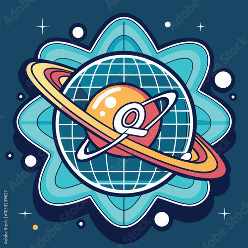 A colorful illustration of a planet with rings surrounded by stars, set against a dark blue background.