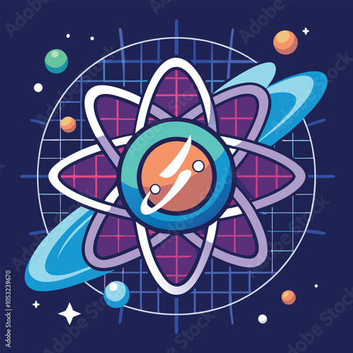 A colorful atom illustration in a retro 80s style with orbiting planets.
