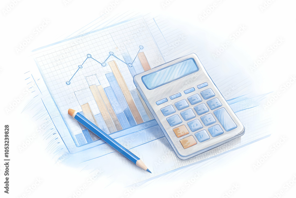 A calculator sits beside a pencil and a graph display, representing data analysis and financial calculations. A calculator sits beside a pencil and a graph display, representing data analysis and financial calculations.