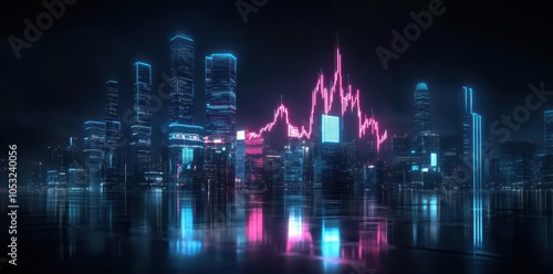 Sleek financial chart with vibrant neon glowing lines illustrating market trends and data analysis.