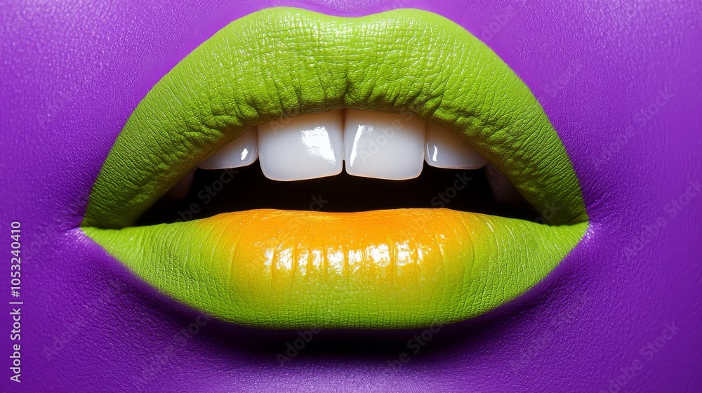 A close-up of lips with a matte texture in a lime green shade with a glowing orange tongue and metallic silver teeth on a purple background. A close-up of lips with a matte texture in a lime green shade with a glowing orange tongue and metallic silver teeth on a purple background.