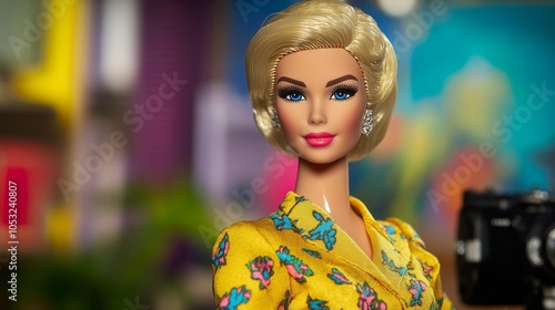 A close-up of a vintage-style fashion doll with blonde hair and a vibrant yellow floral dress. Perfect for retro fashion themes, pop culture references, and nostalgia-inspired projects.