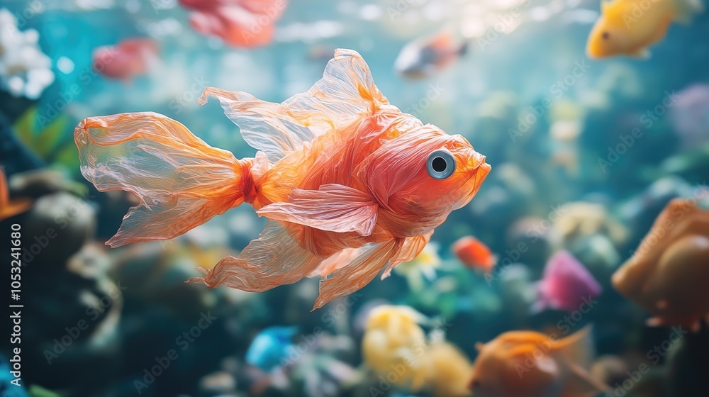 Fototapeta premium A goldfish made of plastic waste swims among other fish in an aquarium, a symbol of pollution and environmental damage.