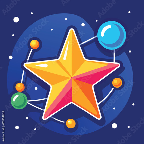 A cartoon star surrounded by colorful planets in a night sky. The star is the center of this vibrant solar system. 