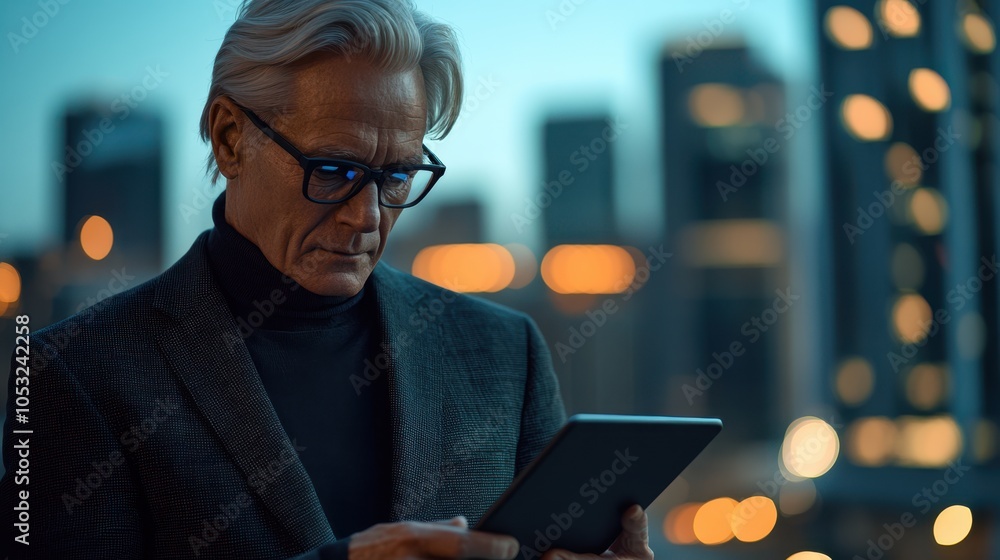 The Man Using Tablet Evening The Man Using Tablet Evening